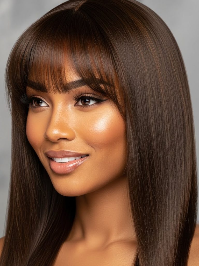 Long Straight Sew-In with Bangs Hairstyle 
