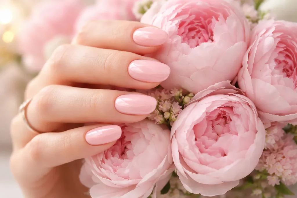 Glossy blush pink bridal nails touching pink peony flowers