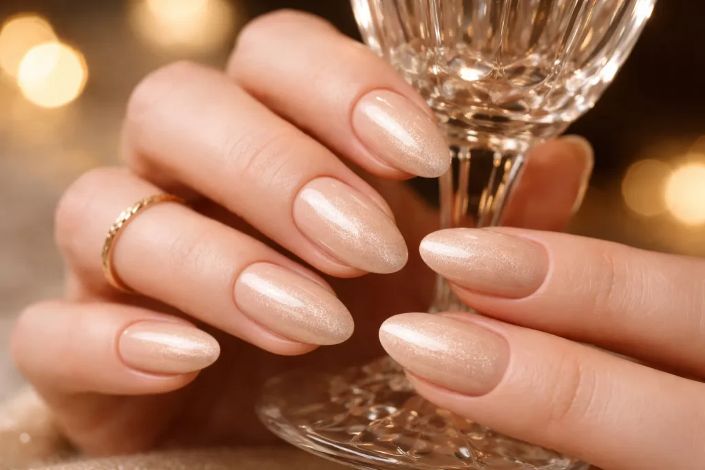 Champagne colored nails with fine golden shimmer