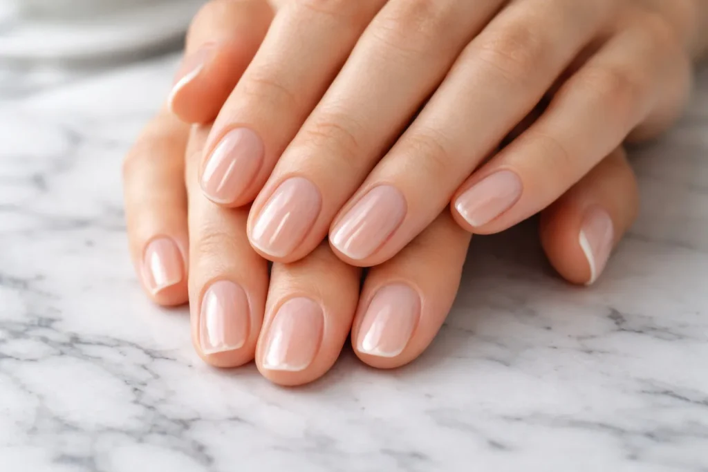 Shiny clear glossy natural nails on well-groomed hands