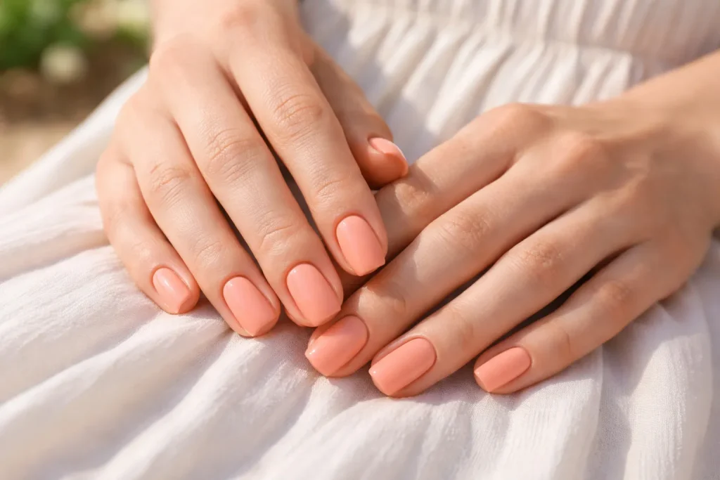 Warm muted coral nails for a summer wedding