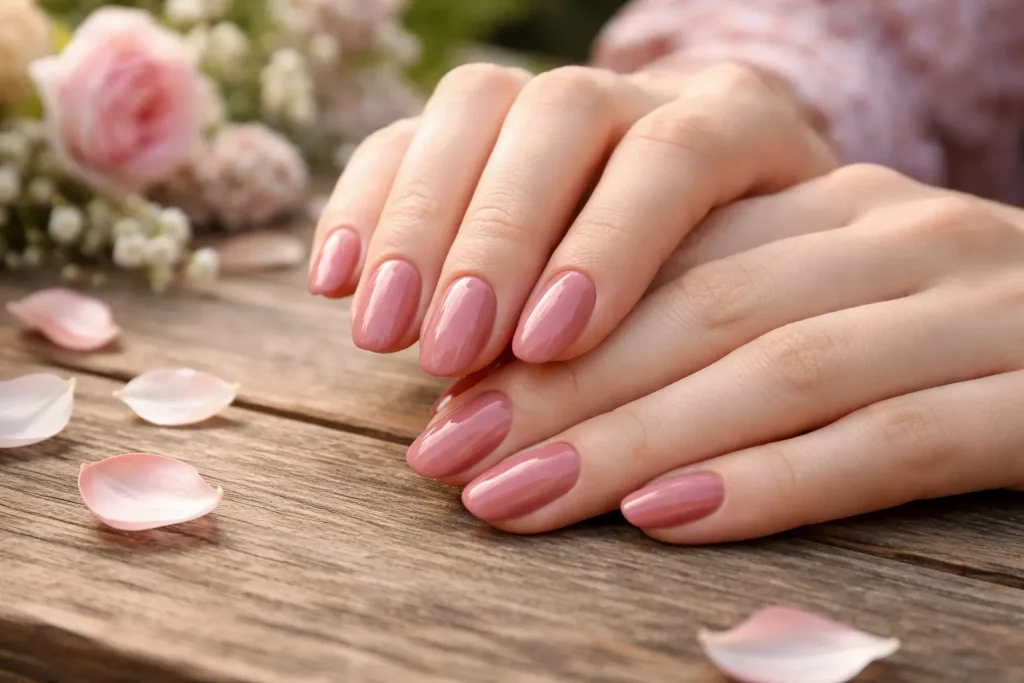 Vintage style dusty rose nails in a garden setting