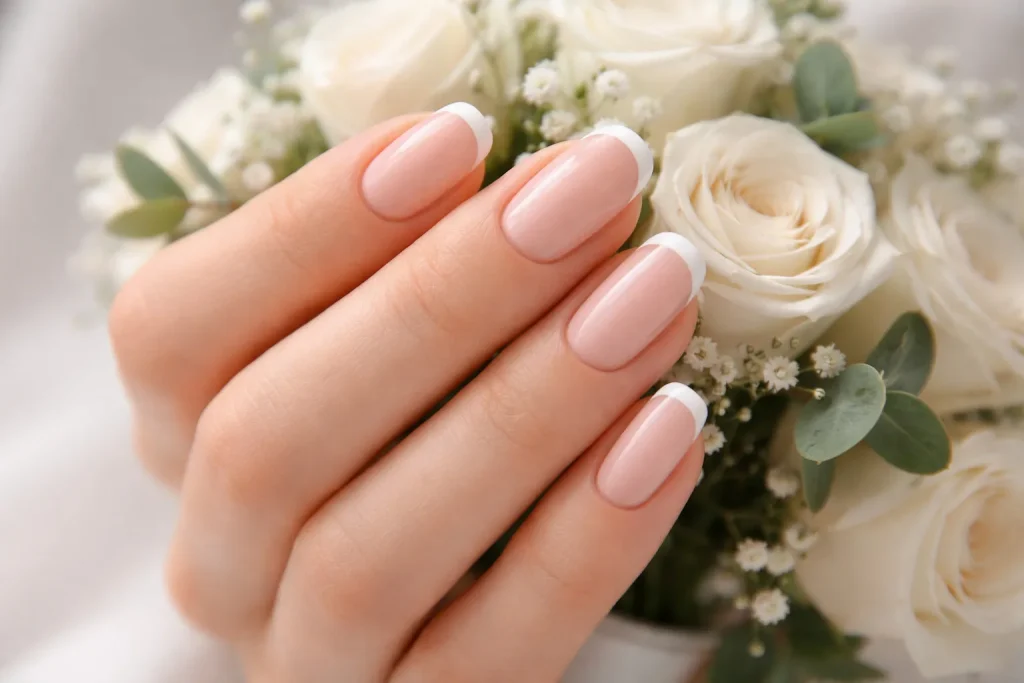 Classic French manicure with thin white tips holding a rose bouquet