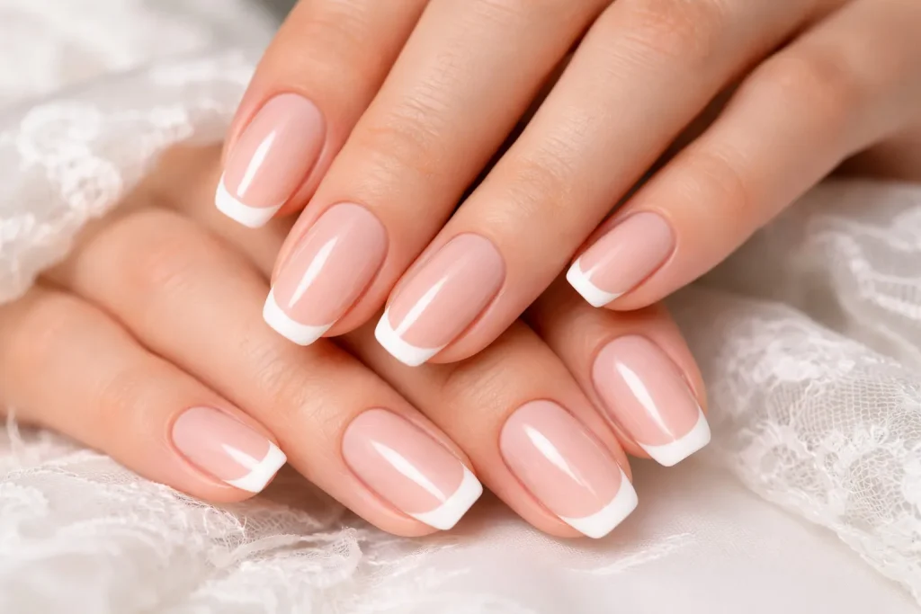 Classic French manicure with thin white tips on natural pink base