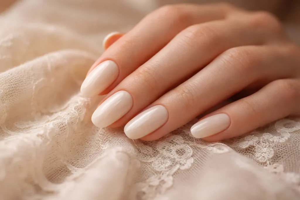 High gloss ivory nails resting on vintage bridal lace