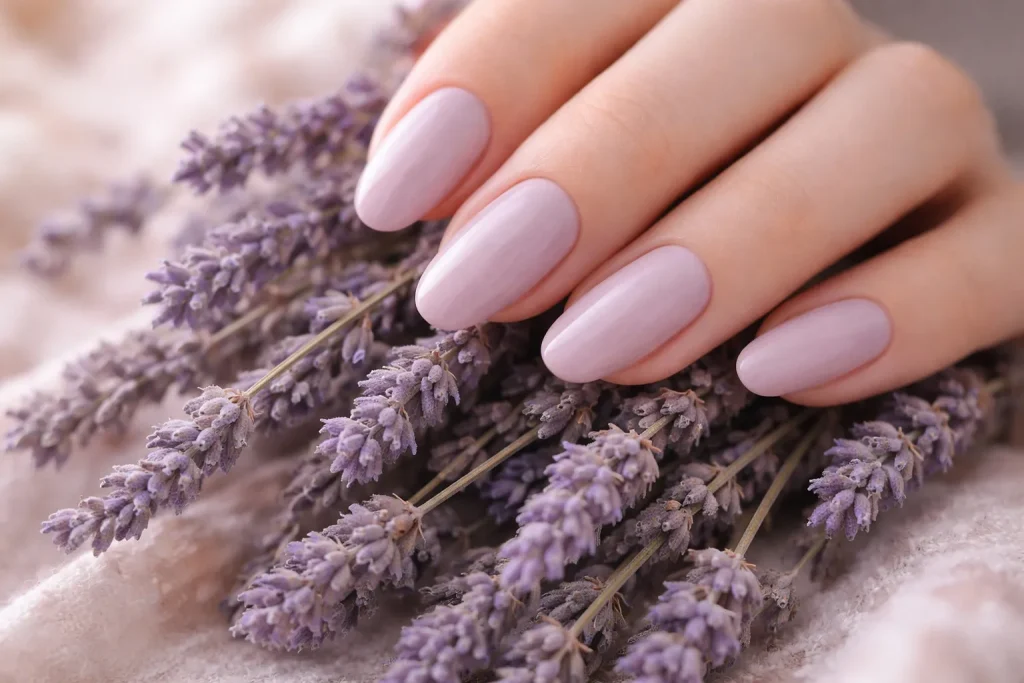 Muted pale lavender nude nails for a romantic bridal look