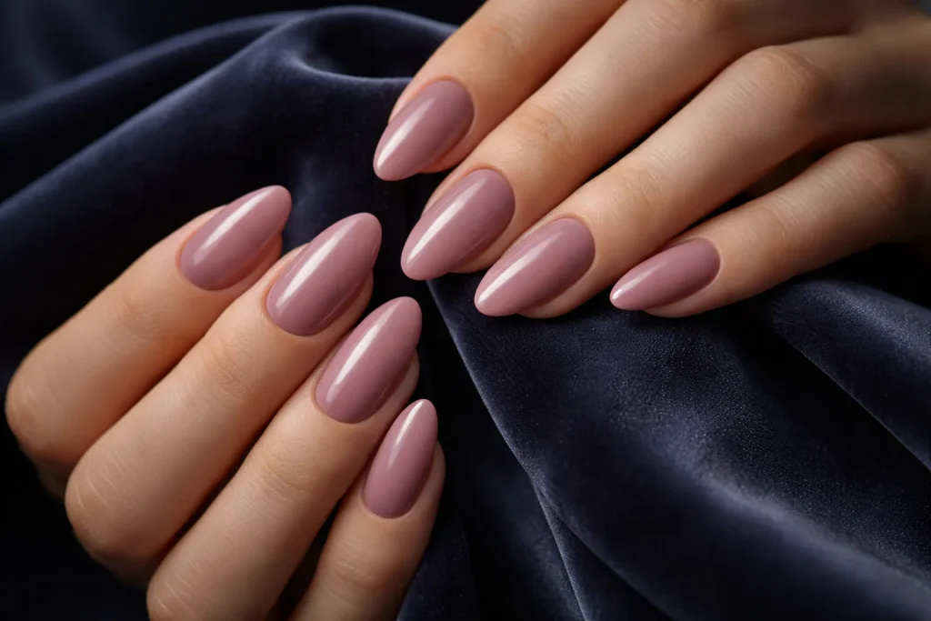 Refined soft mauve nails on almond shaped fingertips