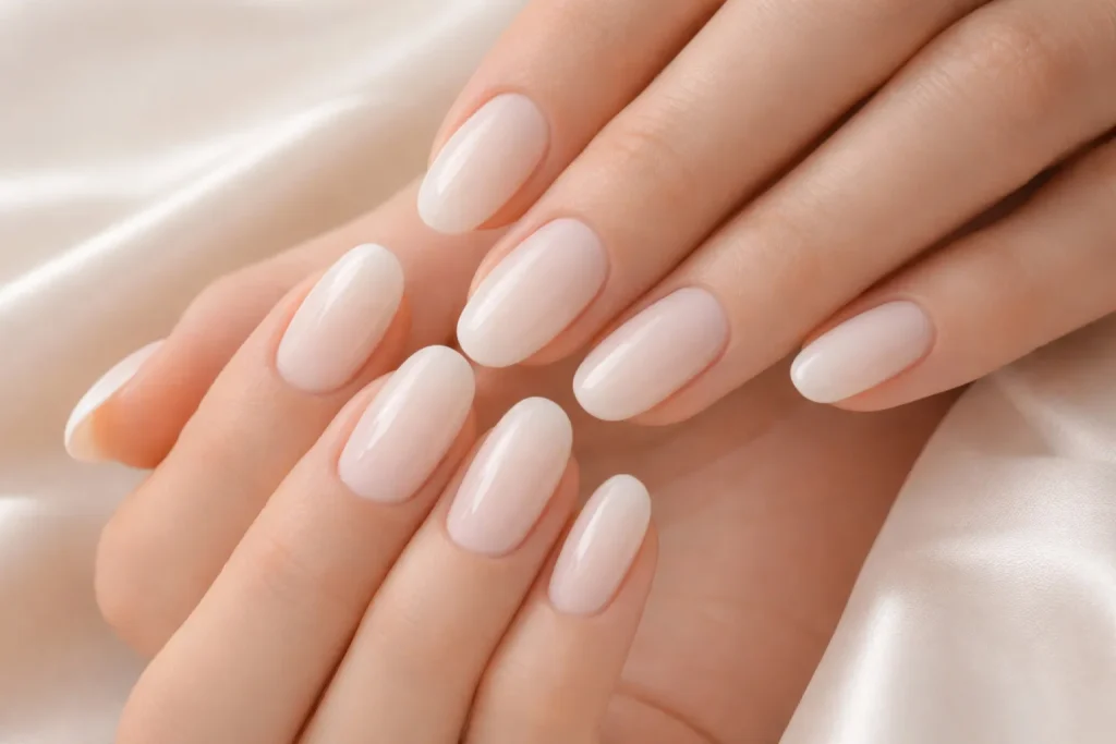 Soft milky white translucent nails on a silk background