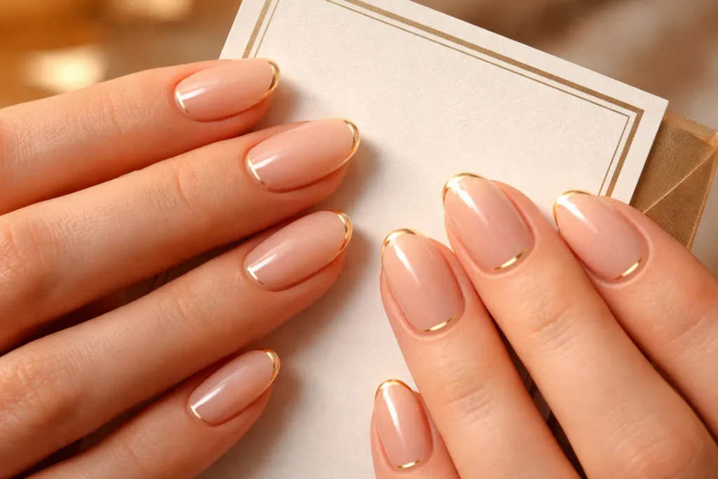 Nude manicure with a minimalist thin gold line at the cuticle