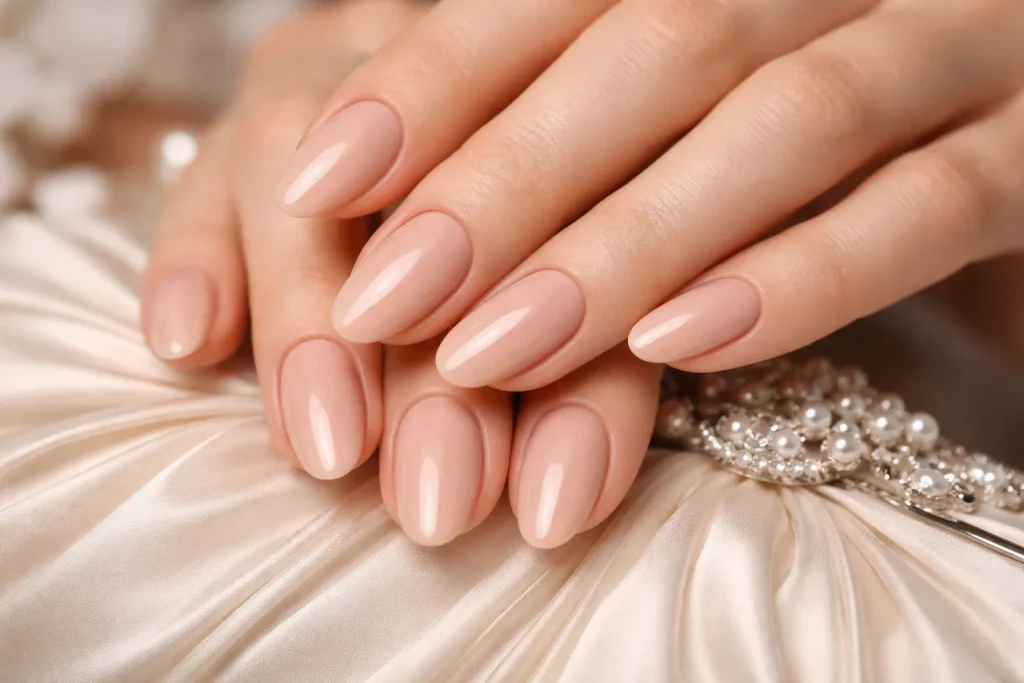 Close up of almond shaped nails with glossy nude polish on elegant hands
