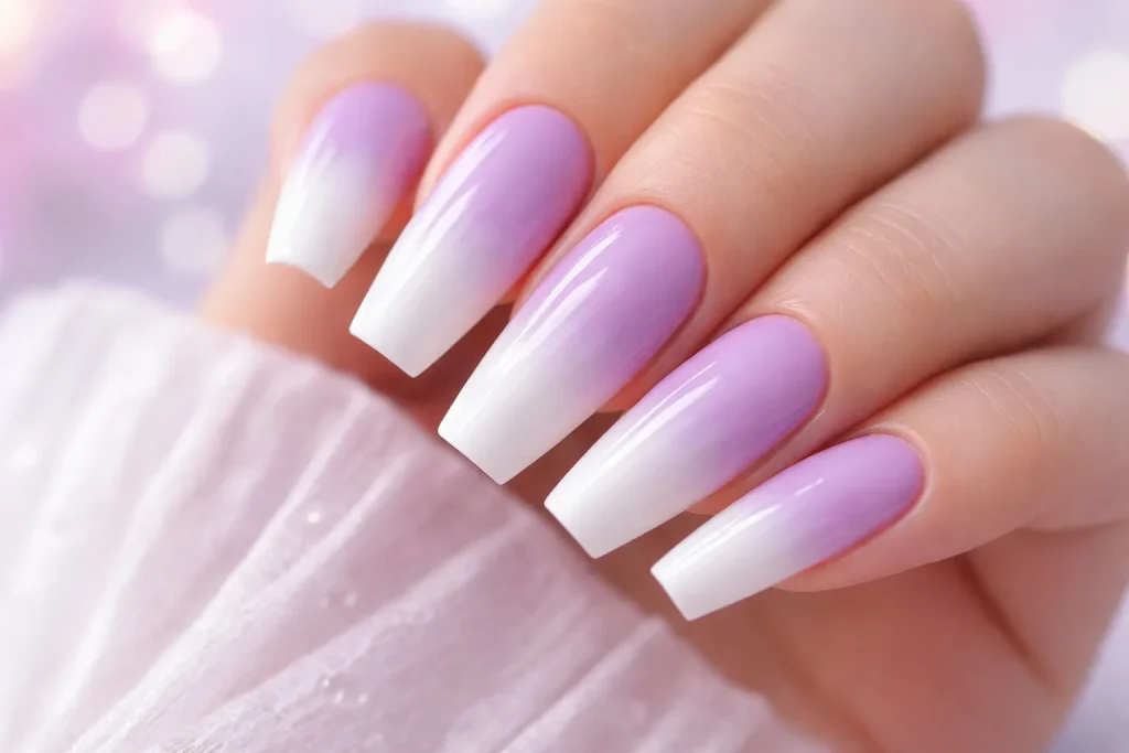 Long coffin nails with a smooth ombre gradient from lavender purple to white.