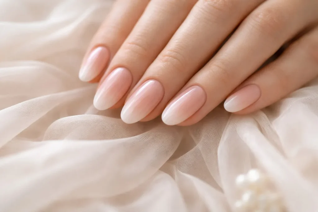 Subtle ombre nail gradient from nude to pale pink