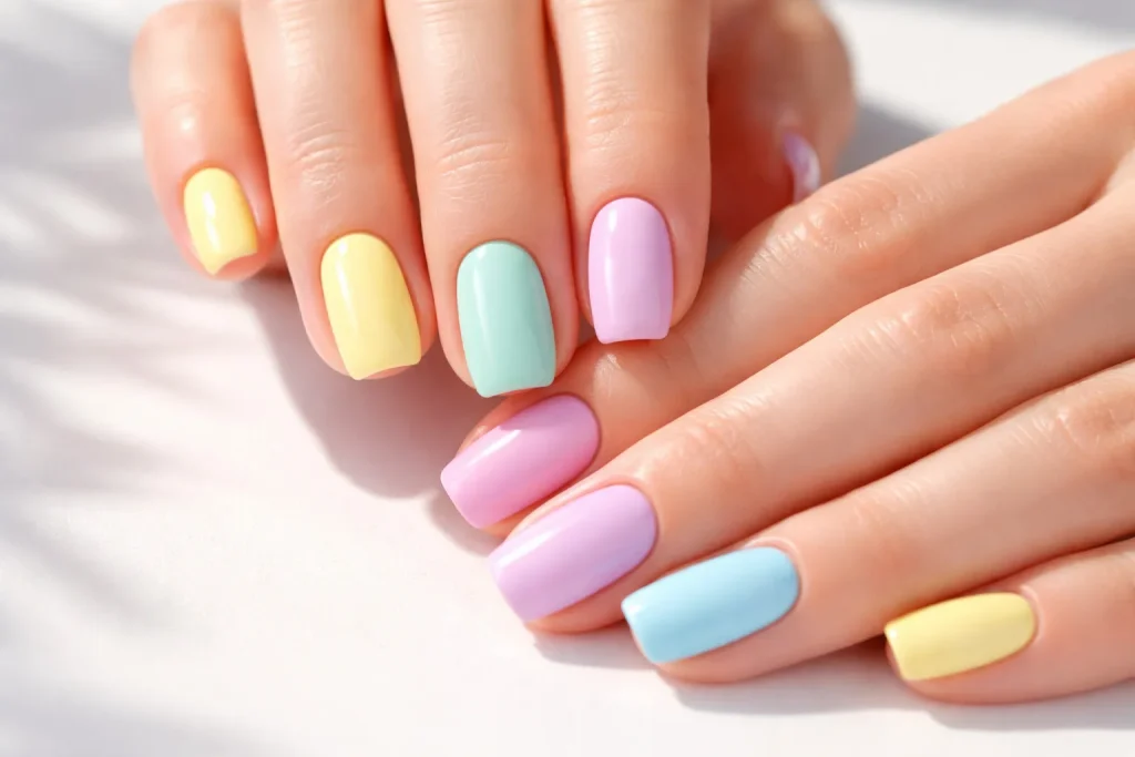 Multi-colored pastel rainbow nails with a different color on each finger