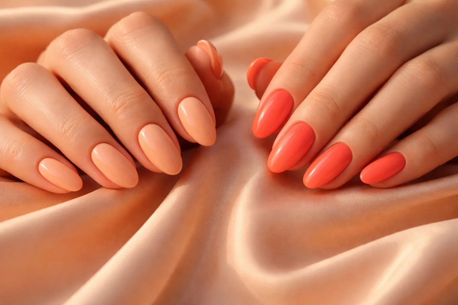 Hands featuring warm peach and vibrant coral nail polish against soft silk fabric.