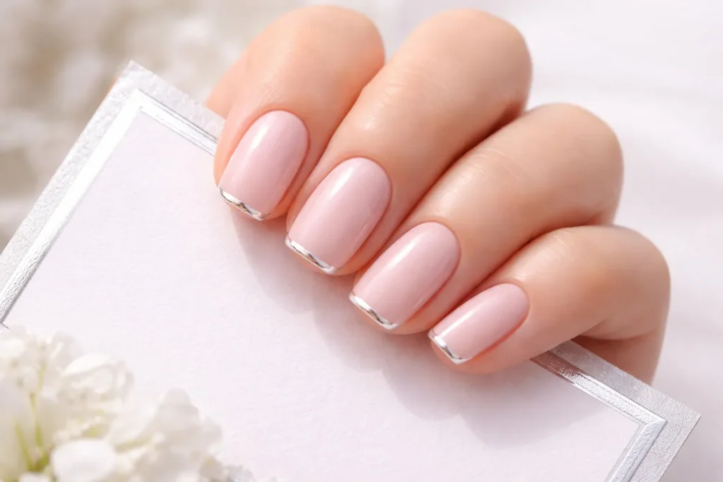 Pale pink bridal nails with a subtle thin silver line detail