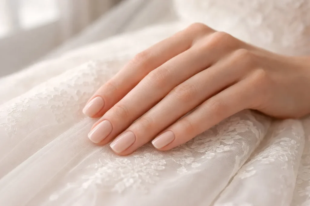 Simple round shaped nude nails resting on a white wedding dress