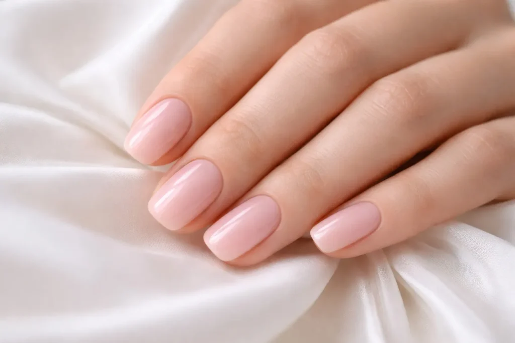 Close up of sheer pink bridal nails resting on white silk fabric