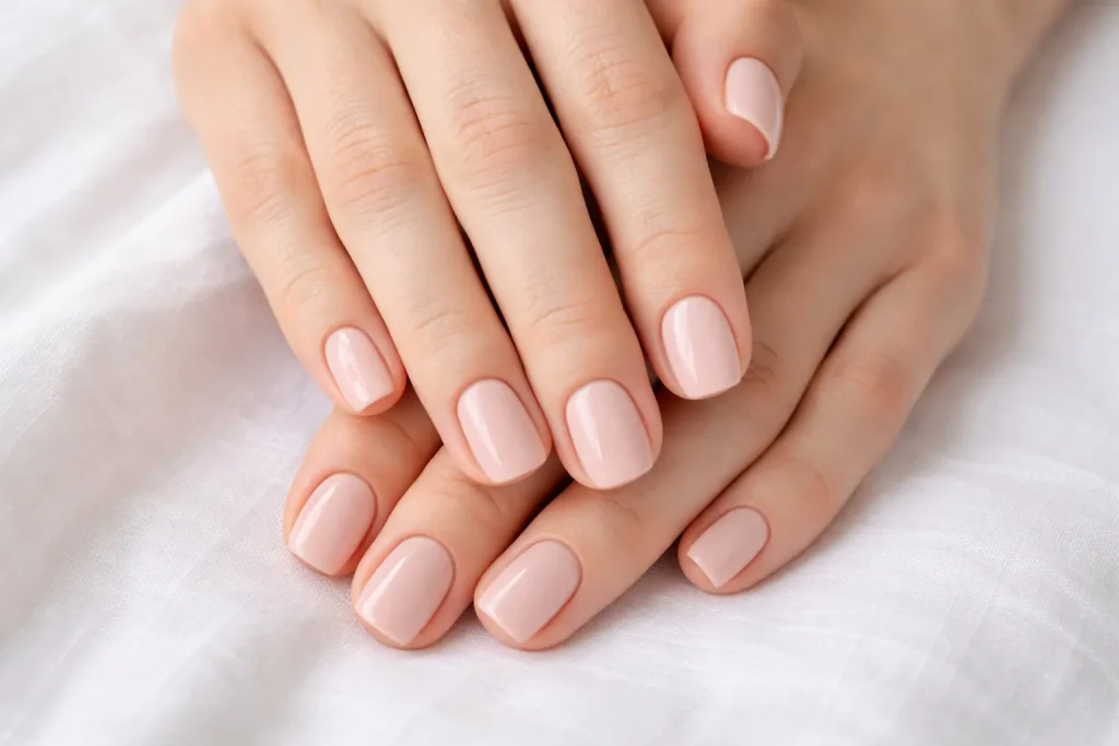 Short square shaped nude nails for a clean minimalist bridal look