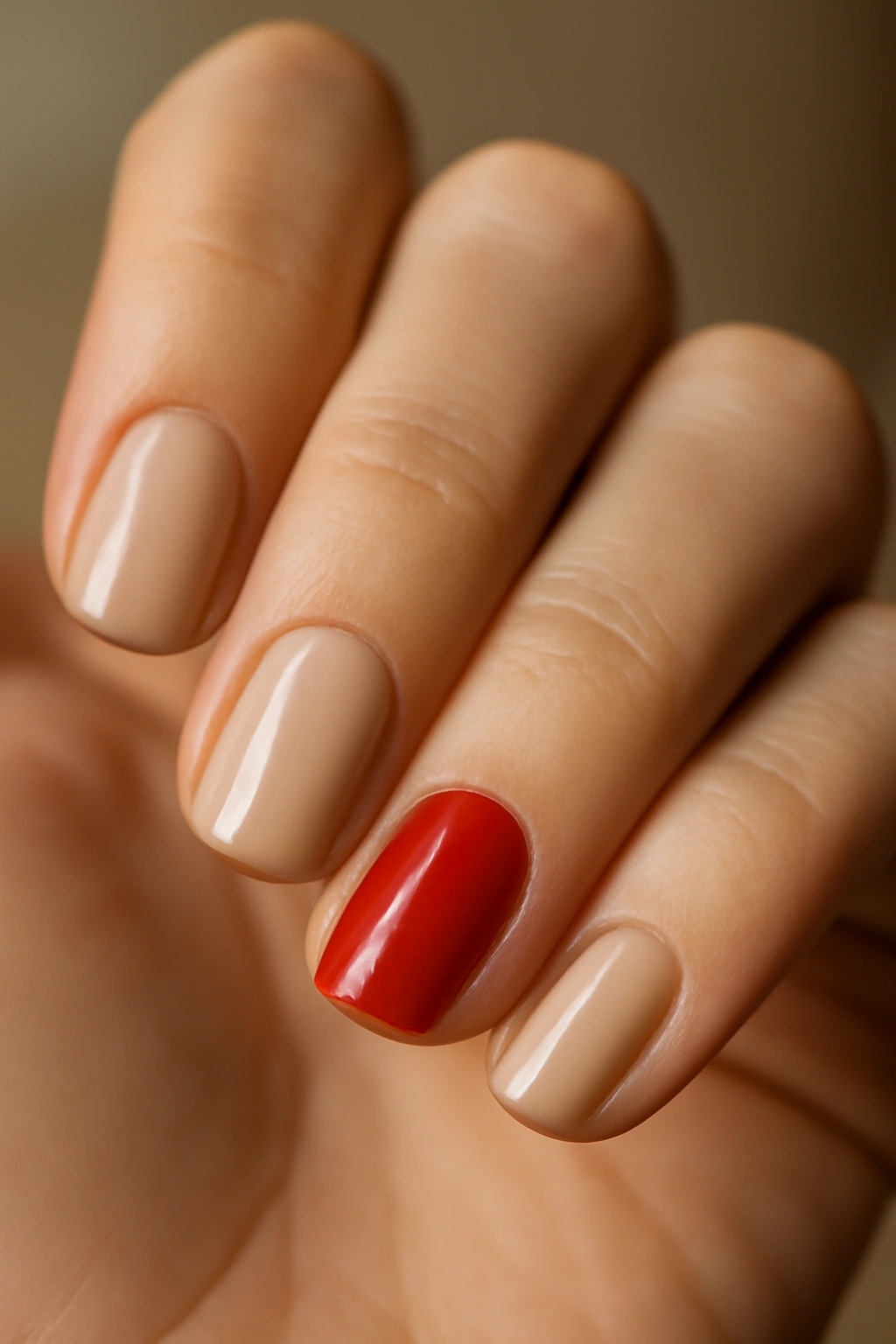 Close-up of nails with one bright accent nail against nude nails