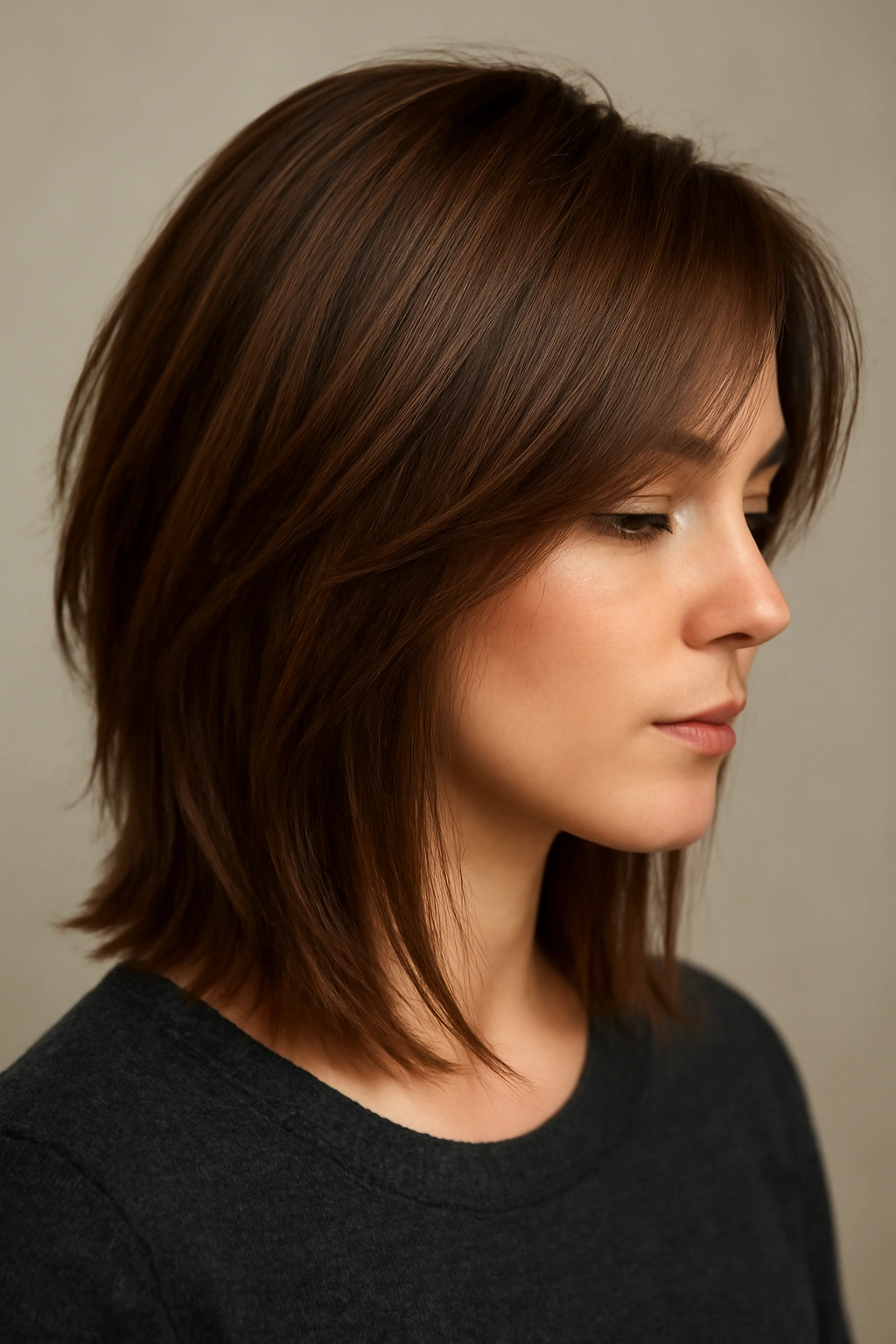 Shoulder-length hair with sharp angled layers creating a dynamic silhouette
