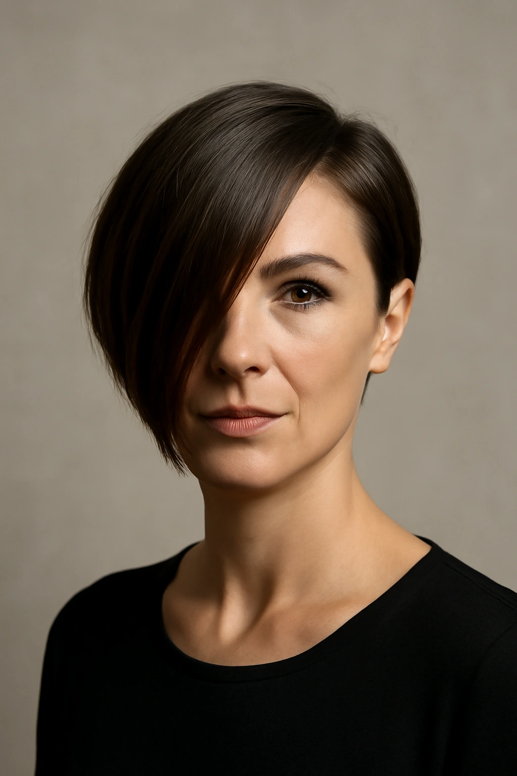 A bold asymmetrical haircut on a woman over 40 featuring uneven lengths for a stylish look.
