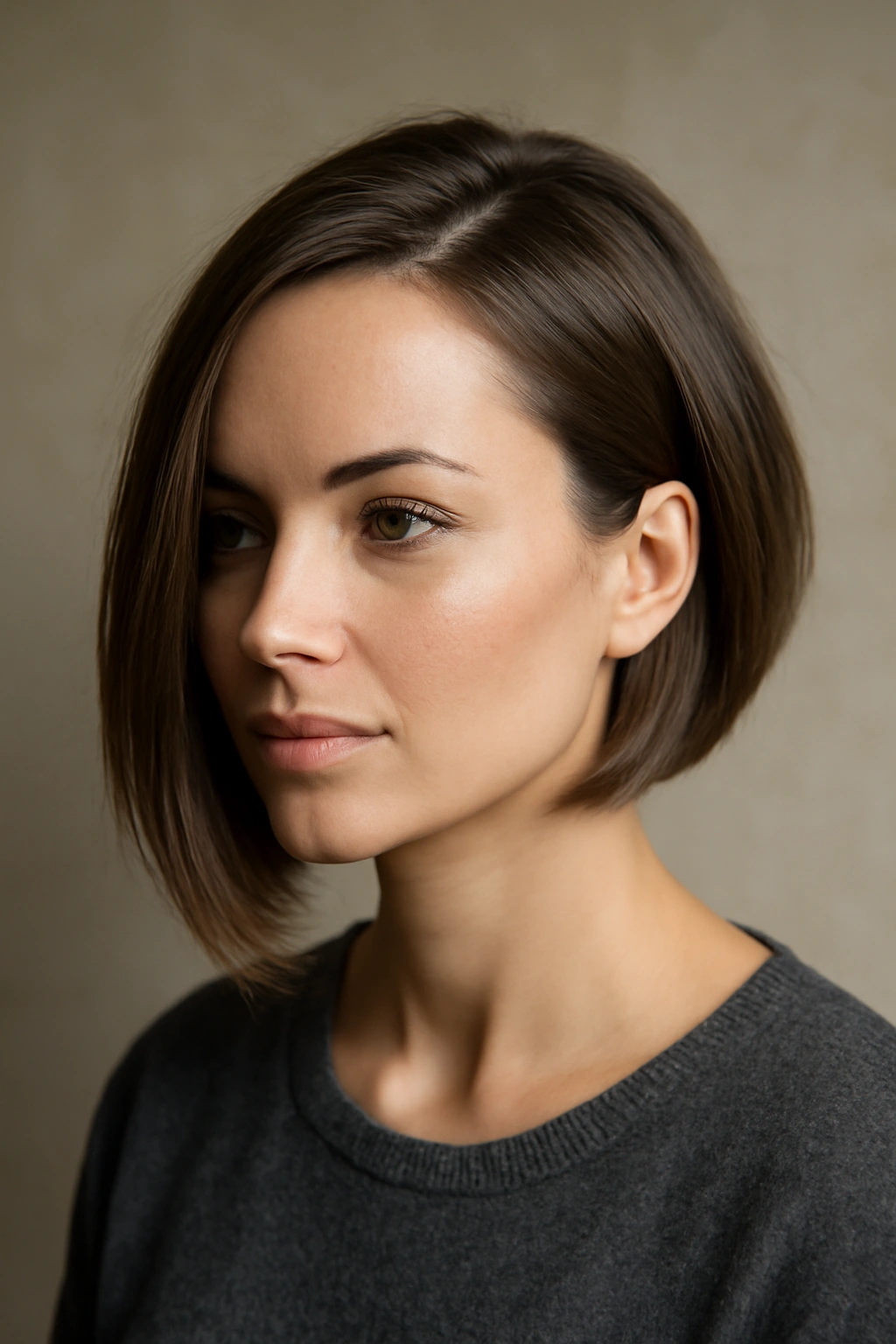 Asymmetrical bob with uneven hair lengths framing the face
