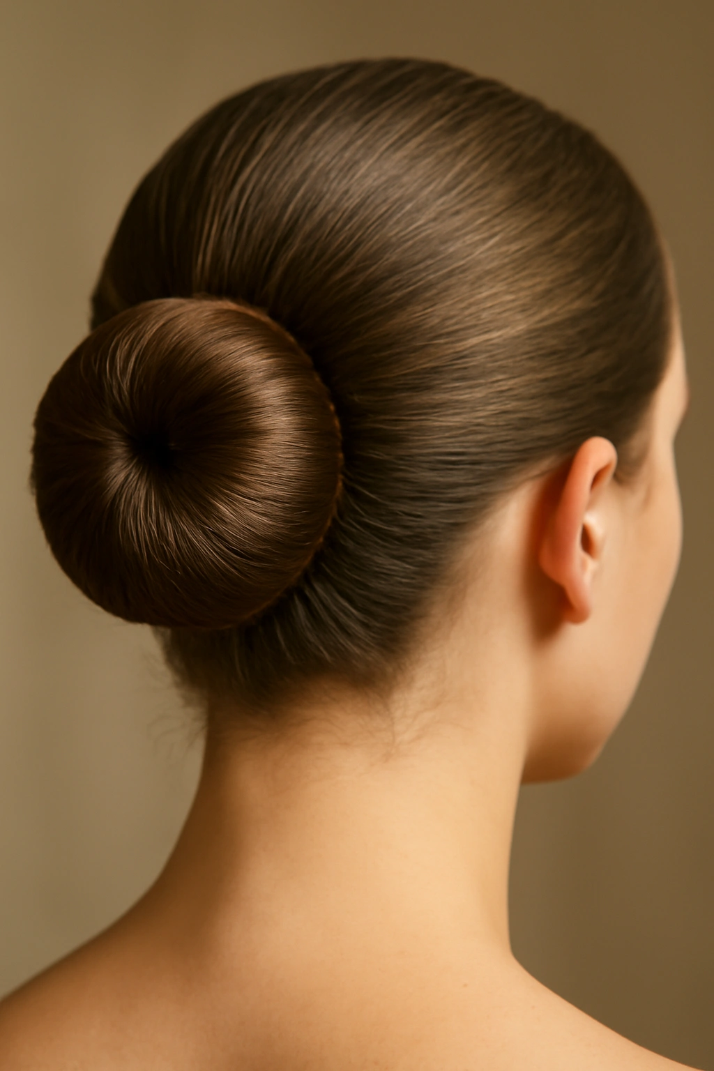 Sleek ballet bun at the back of the head, polished and tight