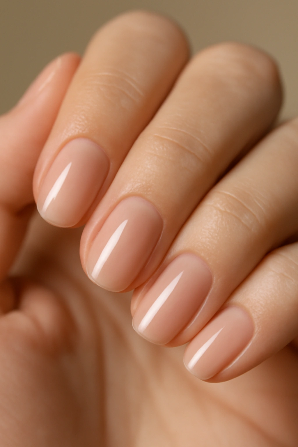 Close-up of hands with barely-there pink nails, translucent natural look