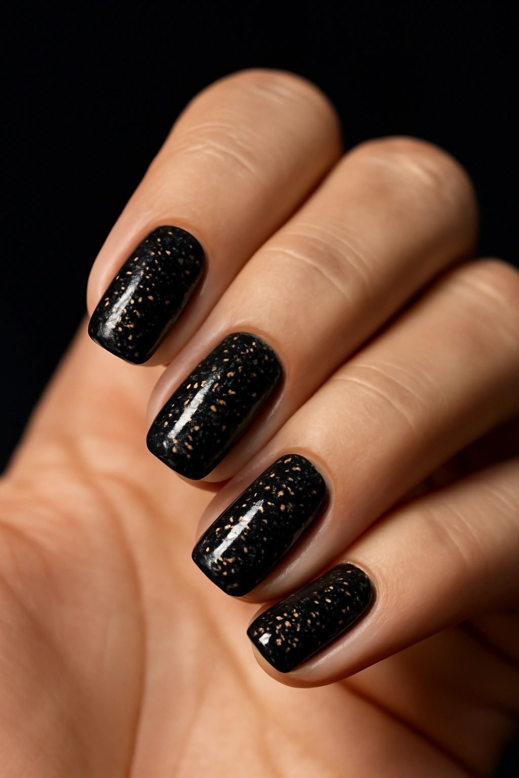 Close-up of black nails with glitter top coat