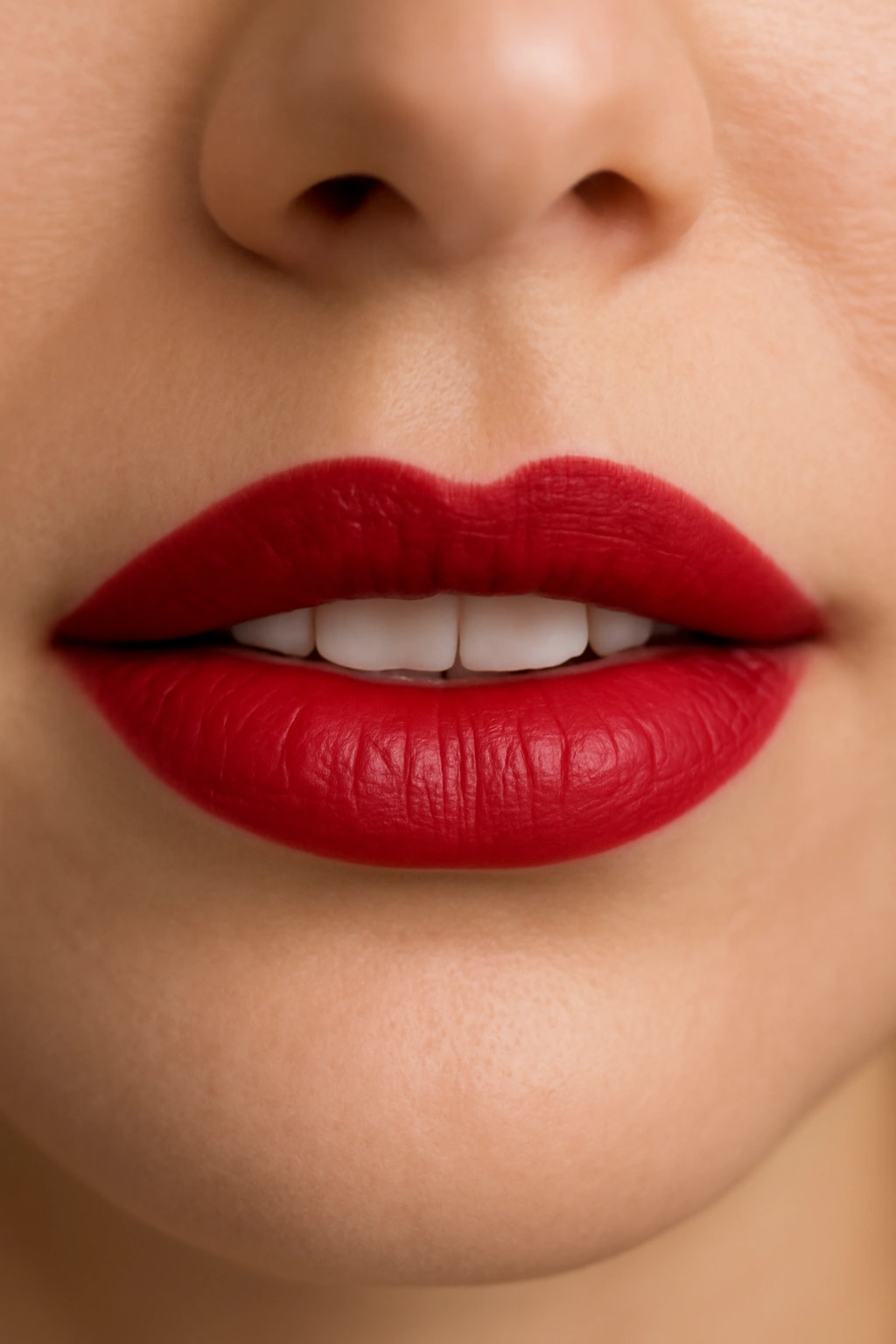 Close-up of lips in blue-based red lipstick with cool undertones.