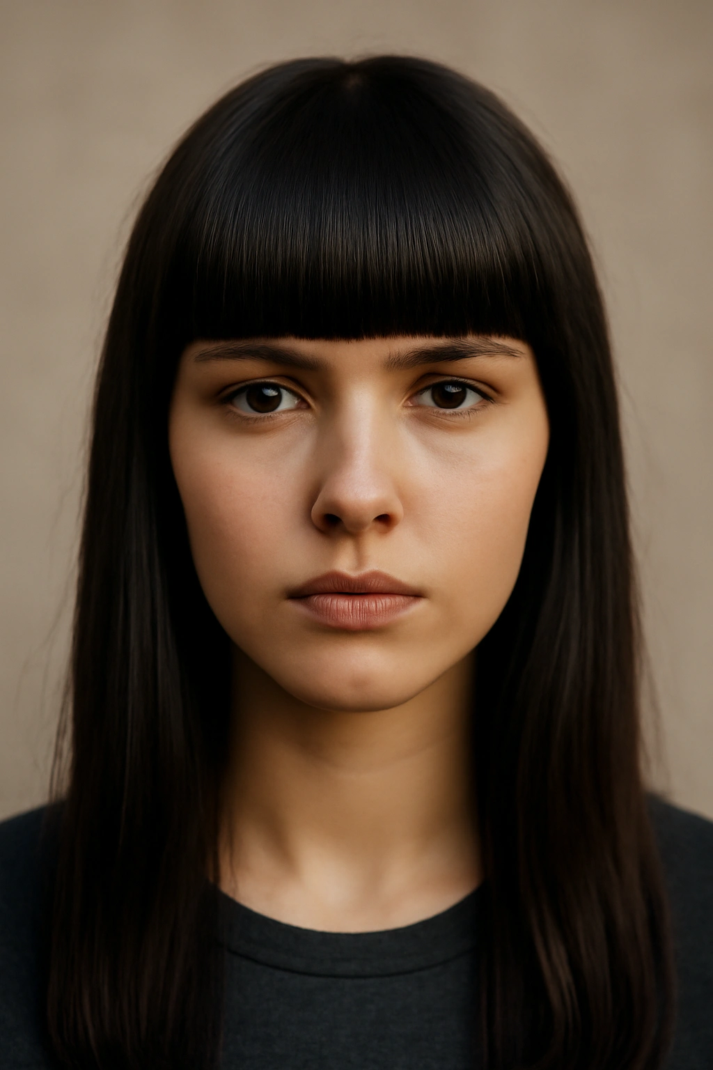 Person with full blunt bangs covering the forehead