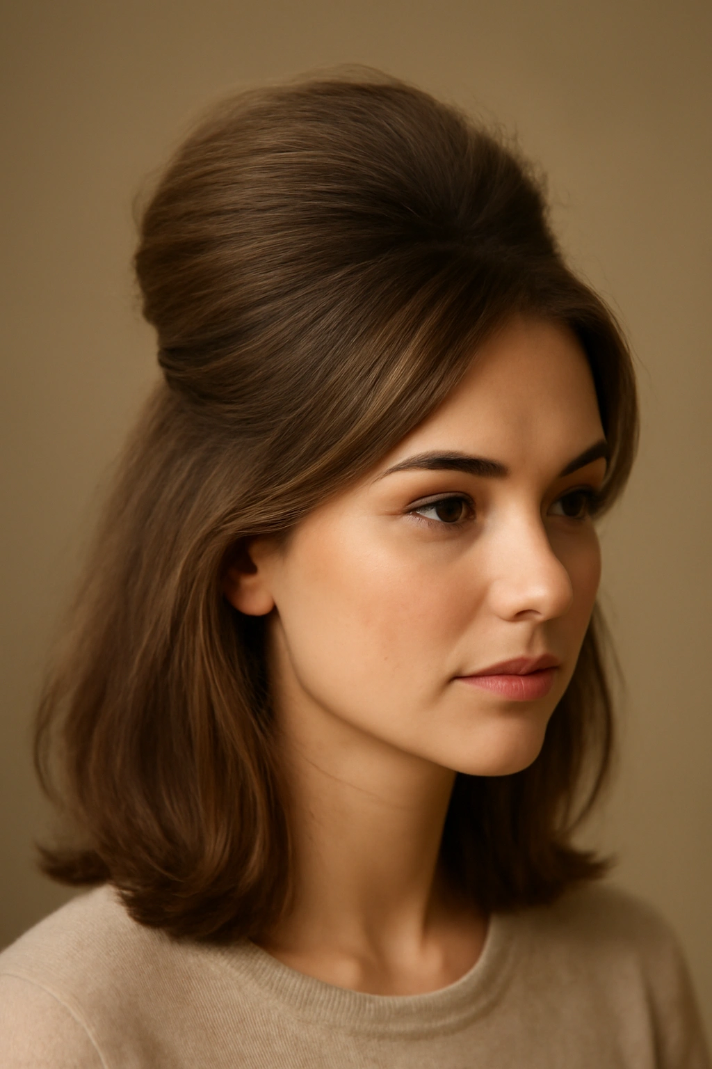 Close-up of a short-haired model showing a teased voluminous bouffant half-up with a smooth top layer.