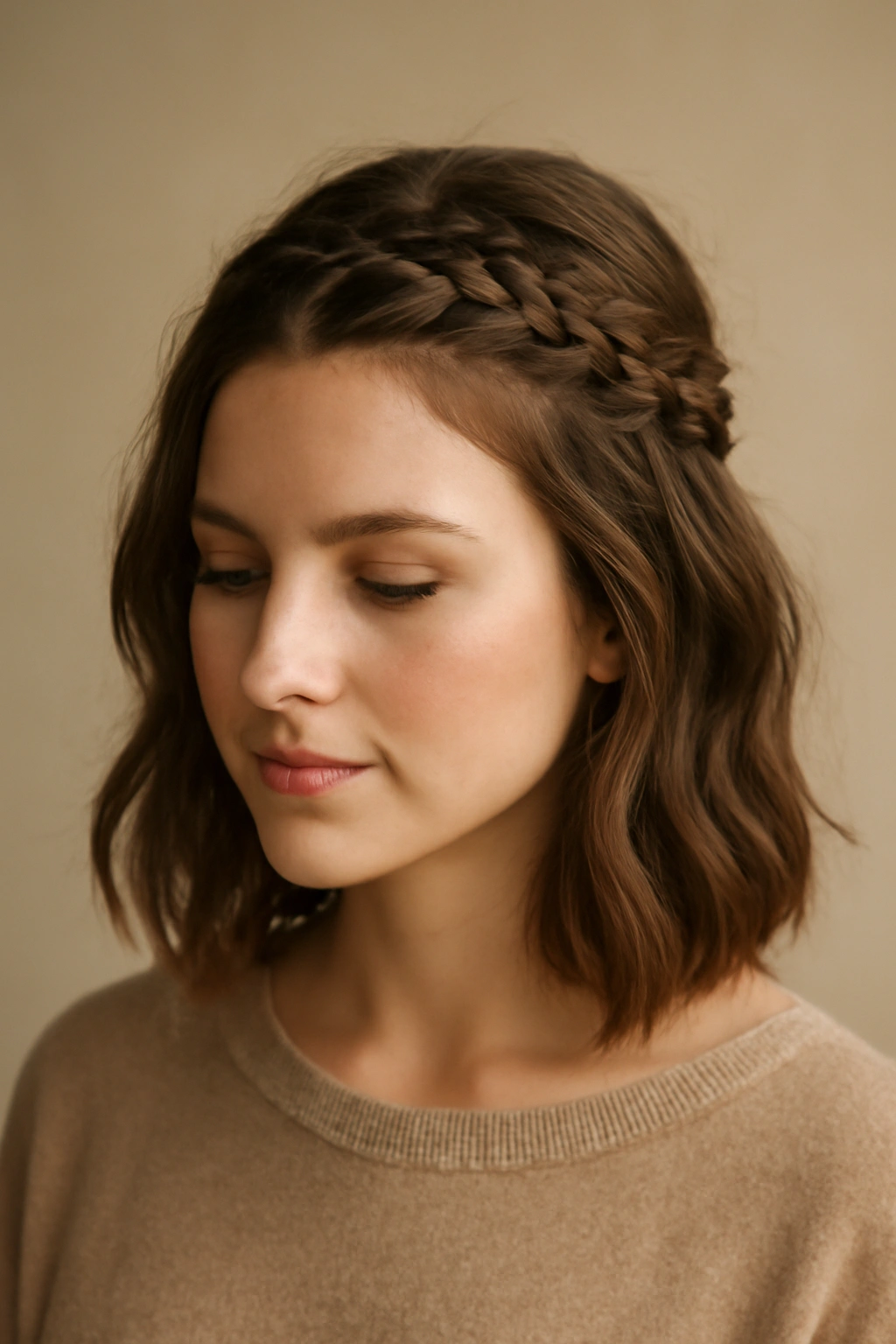 Close-up of short hair with a braided accent half up hairstyle showing braids meeting at the crown.