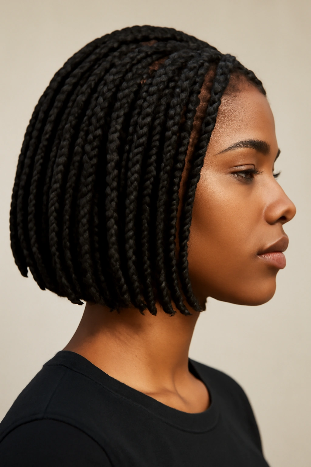 Side profile of a braided bob with box braids at bob length.