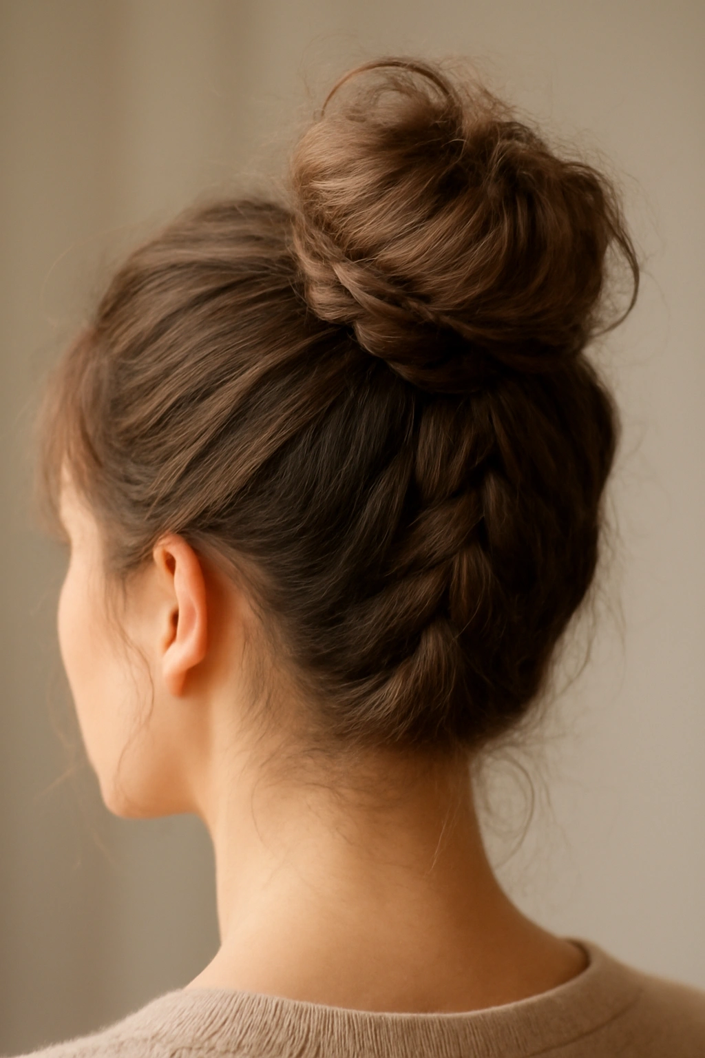 Braided messy bun with visible braid around the base