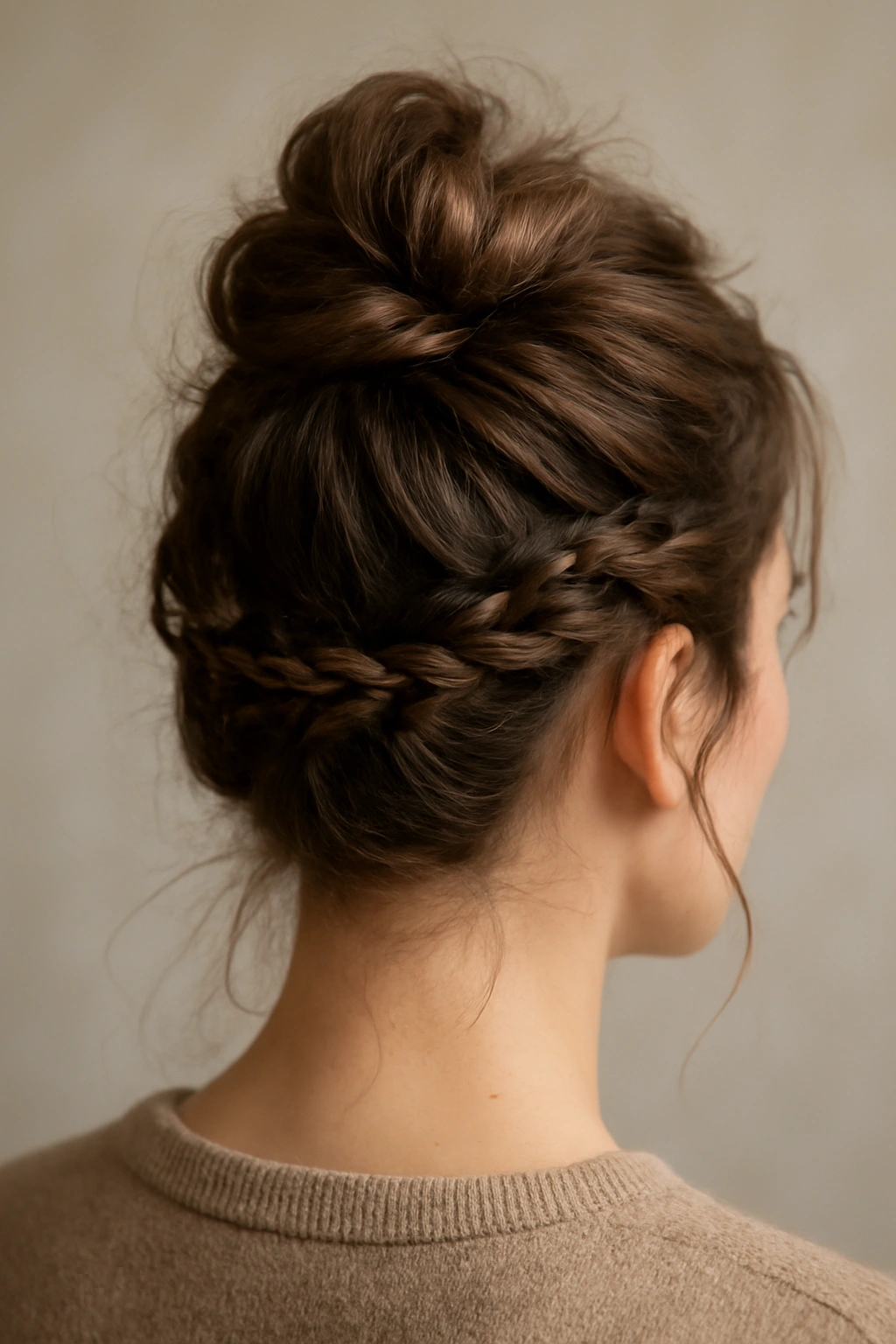 Portrait of a person with a braided messy bun, braid woven into the bun for texture.