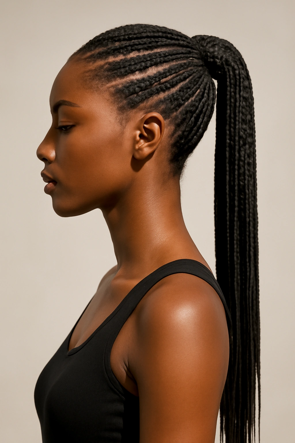 Long braided ponytail flowing from a secure base.