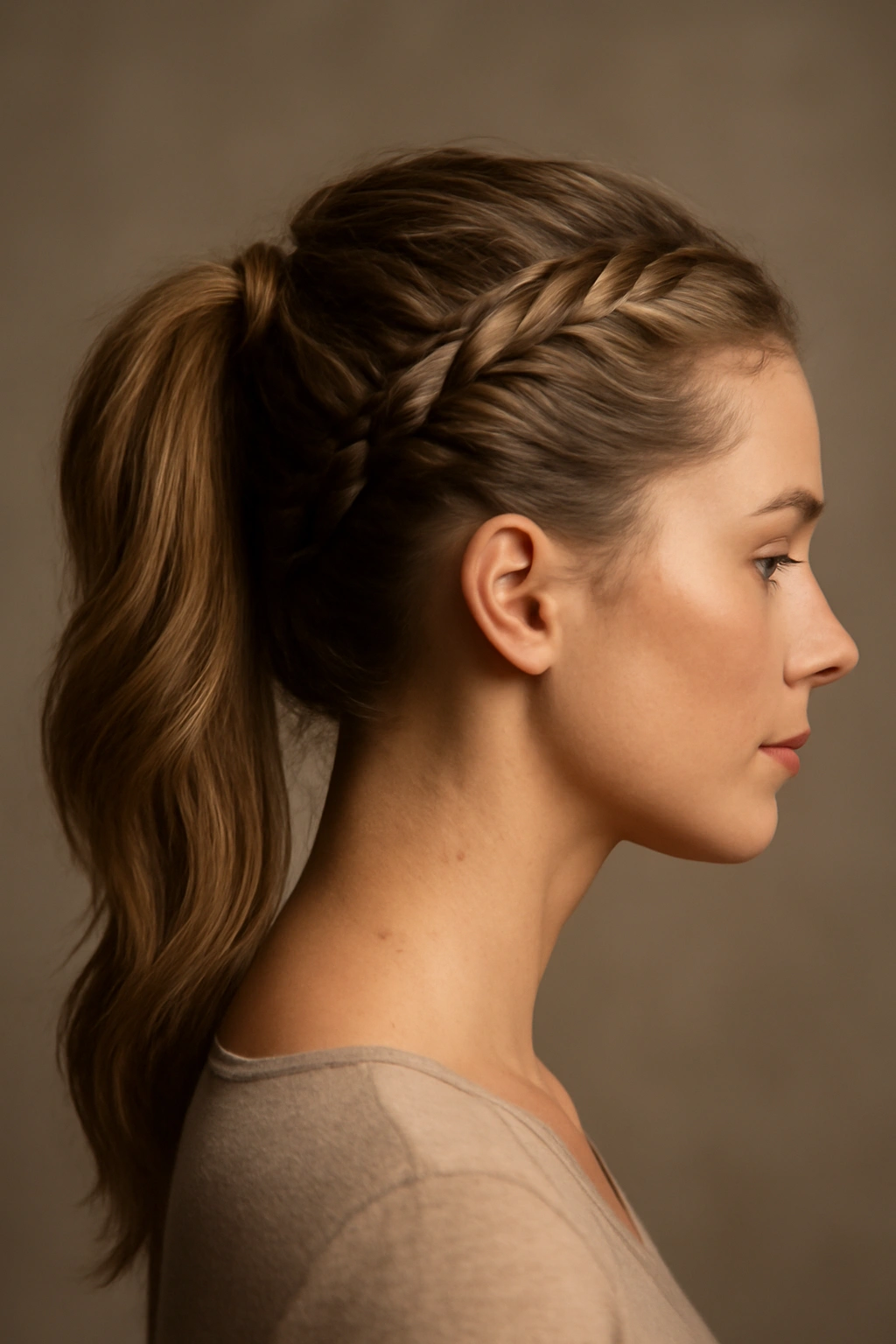 Side profile of braided ponytail updo showing integrated braid