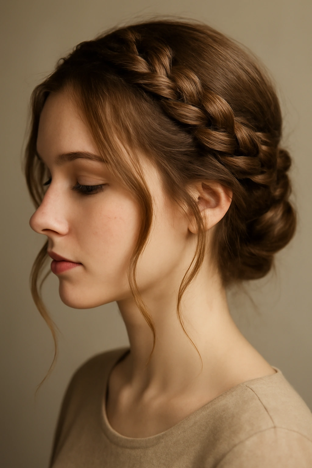 Crown braid with loose strands framing the face