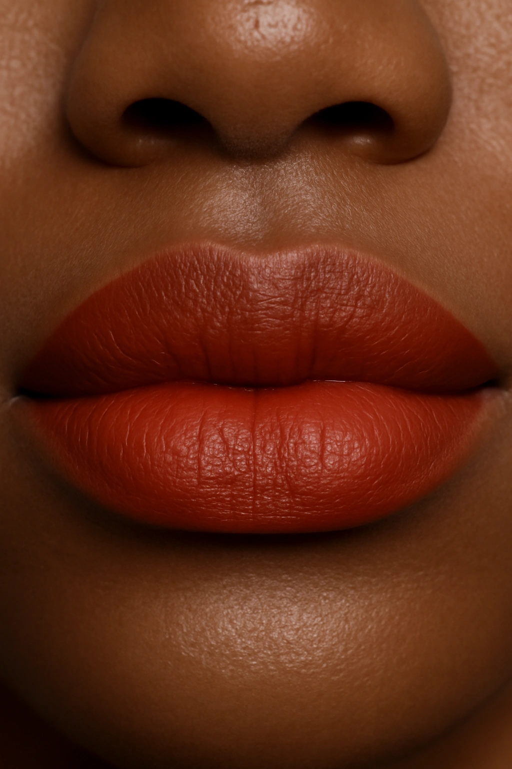 Close-up of lips wearing brick red lipstick with brown-orange undertones