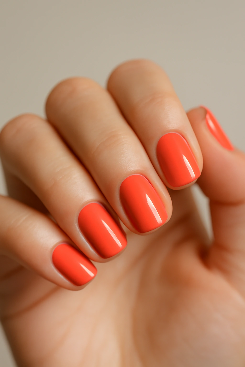 Close-up of bright coral nails against a neutral background.