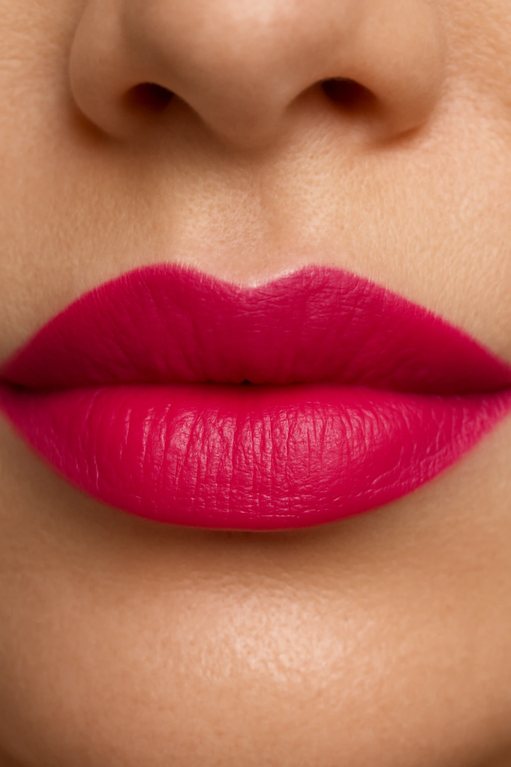 Close-up of lips in bright pink lipstick with raspberry undertone