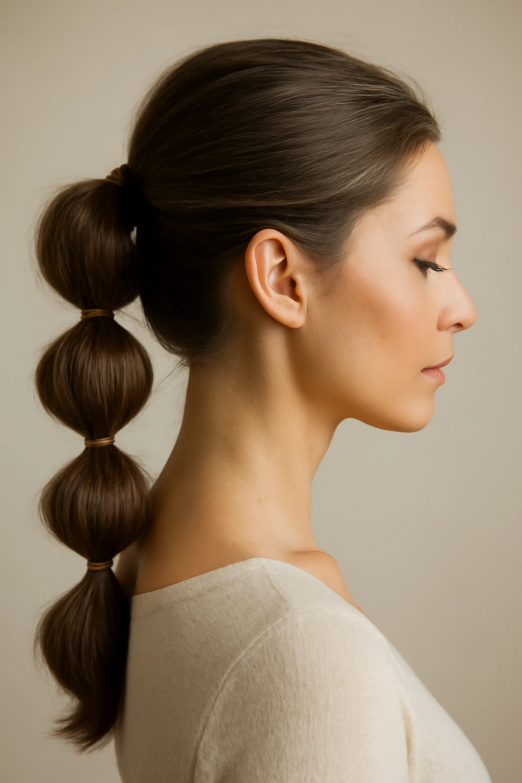 Side view of bubble ponytail updo with evenly spaced elastic bubbles