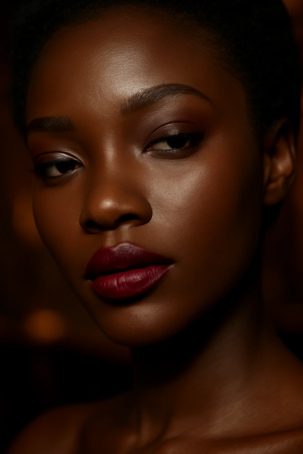 Rich deep burgundy wine lipstick on a model with dark skin for an elegant look