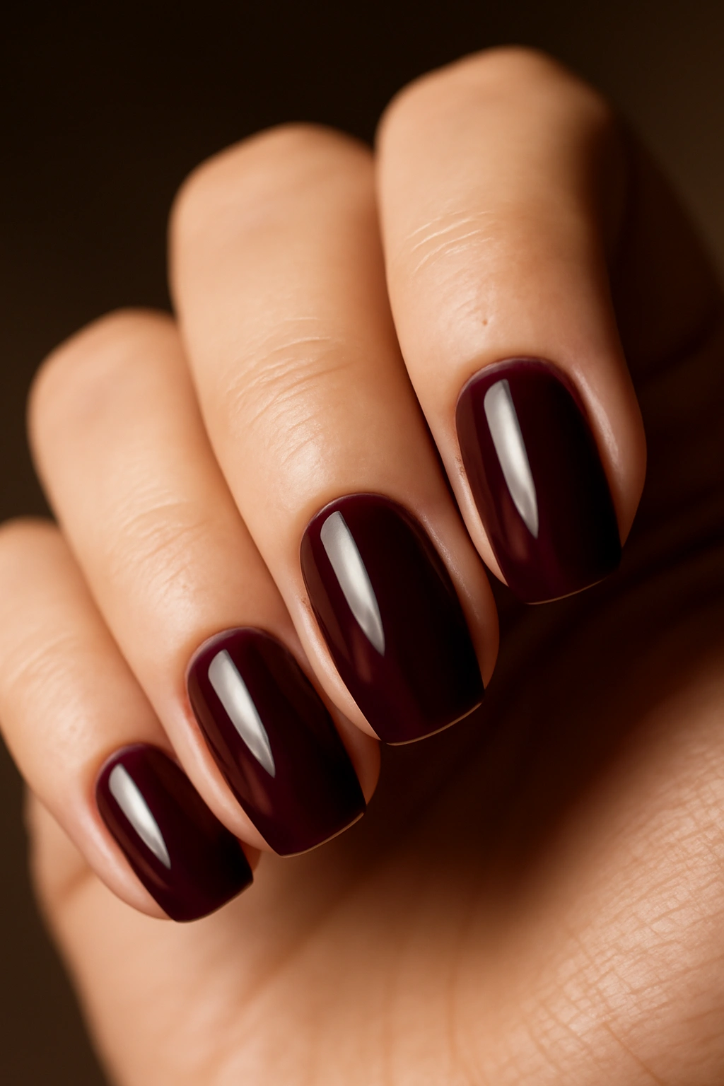 Close-up of burgundy and deep plum nails with glossy finish
