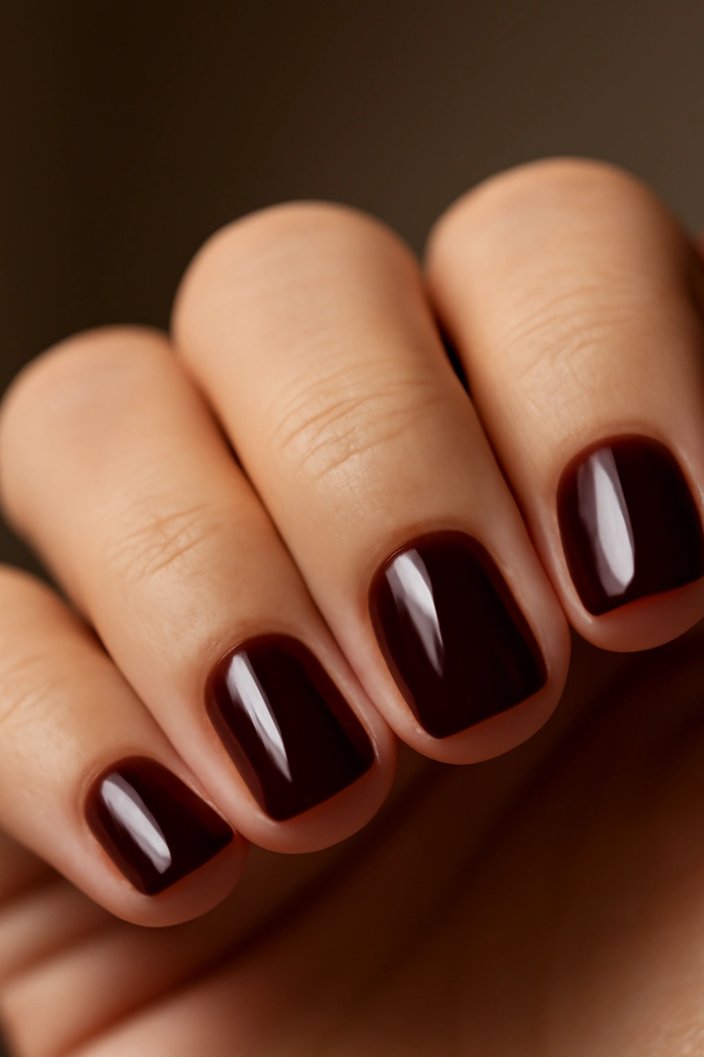 Close-up of short burgundy gel nails on a hand