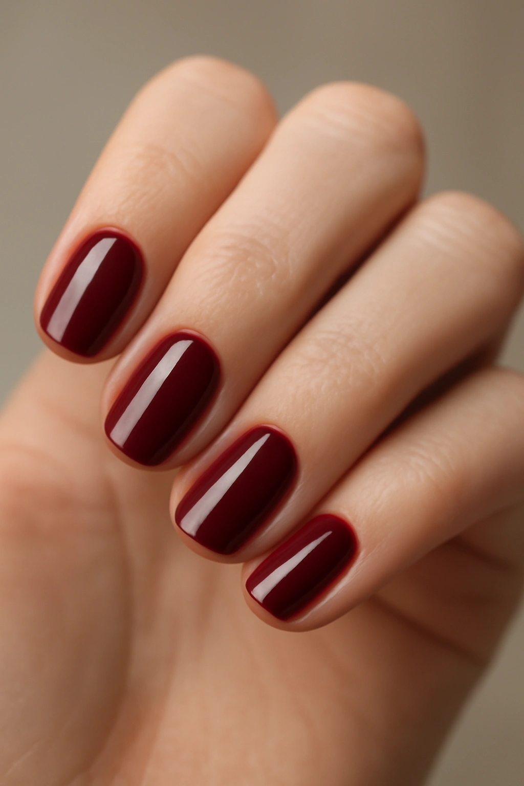 Close-up of deep burgundy nails on a hand with a polished finish.