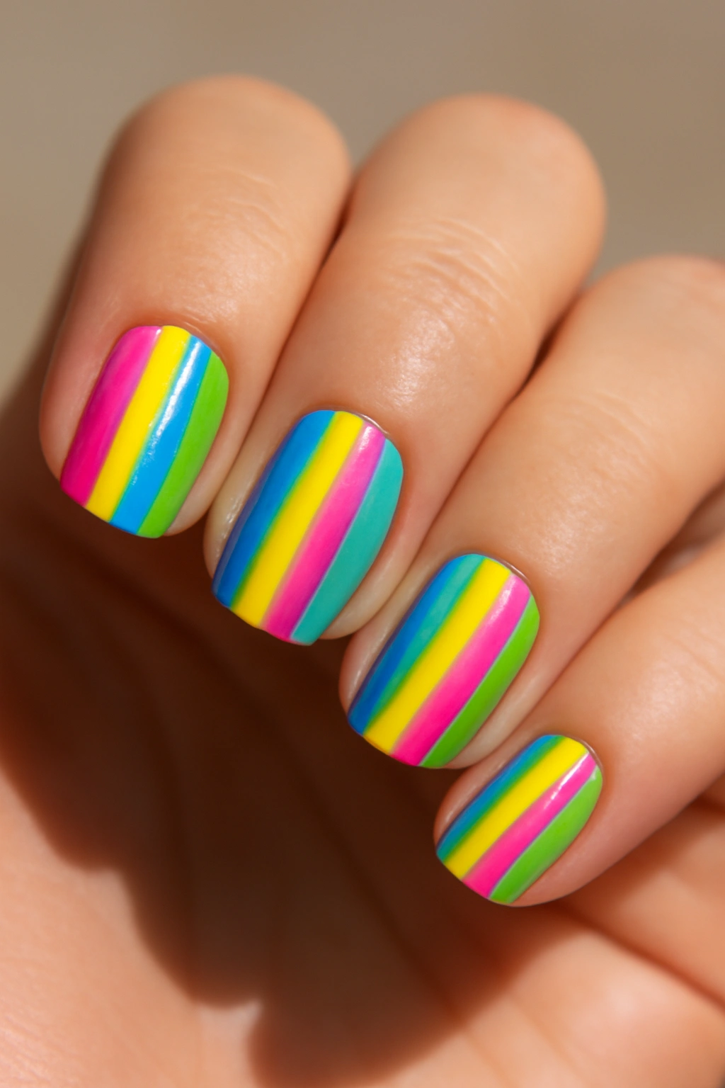 Close-up of candy stripe nails in vibrant spring colors