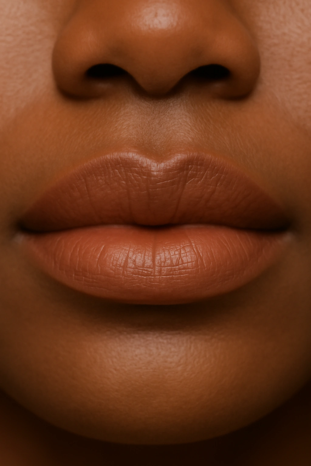 Close-up of lips in caramel nude lipstick on warm-toned skin