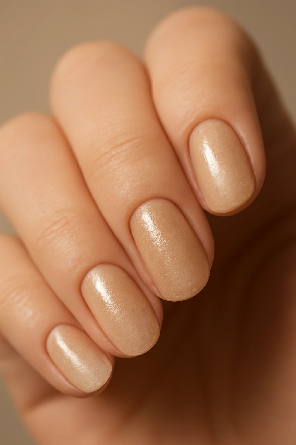 Close-up of champagne nails with subtle shimmer